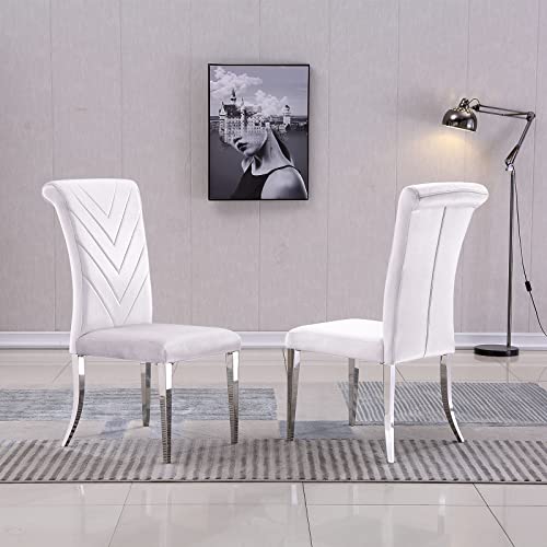 Azhome Dining Chairs, White Velvet Upholstered Dining Room Chairs Set Of 6, V-Shaped Texture High Rolled Back And Silver Stainless Steel Legs #TOP6