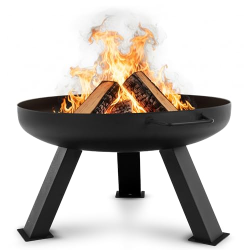 Lehmann Feuerschale Ø 60 cm - 3 stabile Füße, 2 Tragegriffen & Wasserablaufbohrung - Feuerkorb für Lagerfeuer aus rostfreiem Stahl - Feuerschalen für den Garten, Terrasse und Camping - Schwarz