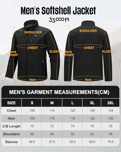 33,000ft Softshelljacke für Herren Wasserdichte Übergangsjacke Fleece Gefütterte Winddichte Outdoorjacke Funktionsjacke für Outdoor Freizeit Schwarz M