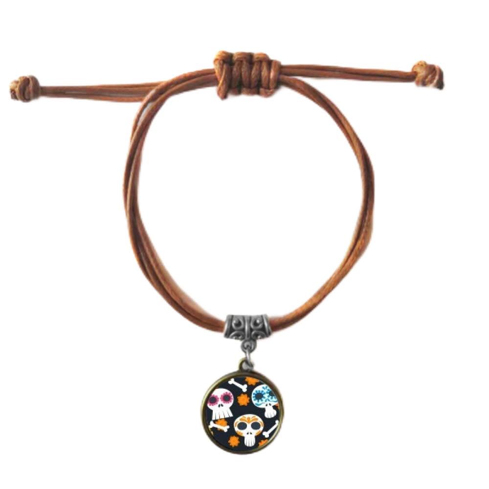 Bracelet crâne Fleur du Mexique en cuir tressé haut de gamme - 5