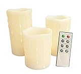 EcoGecko Unilution Wax Drip Effect Flameless Pillar Candles with Remote, Ivory, Set of 3