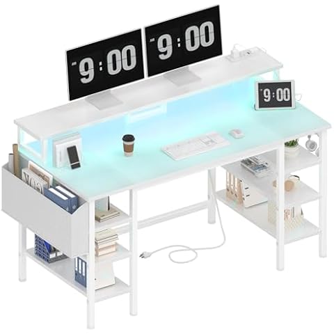 Lufeiya White Desk with Storage Shelves - 47 inch Home Office Gaming Desk with Monitor Stand, Computer Desk with LED Lights and Power Outlets, White Cover