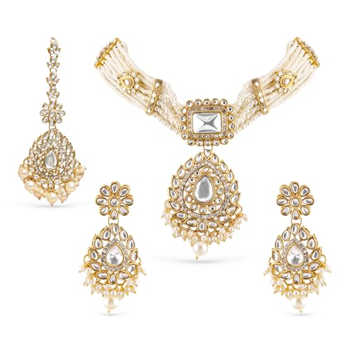 Image of Rubans Necklace Maangtikka Set Gold Plated Kundan & Pearl Jewellery Gift for Women & Girls