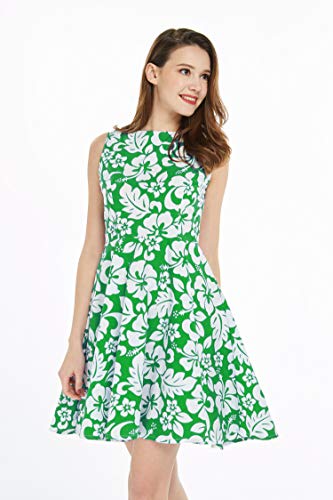 Image of Couple Matching Hawaiian Luau Men Shirt and Women Vintage Fit and Flare Dress in Classic Vintage Hibiscus