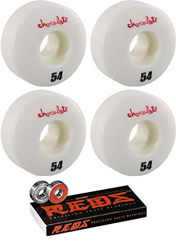 Chocolate Skateboards 54mm OG Chunk White/Red/Black Skateboard Wheels - 100a with Bones Bearings - 8mm Bones Reds Precision Skate Rated Skateboard Bearings (8) Pack - Bundle of 2 Items
