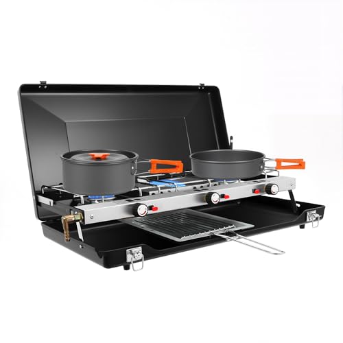 Réchaud à gaz 3 flammes, 4,5 kW, cuisine de camping pliable avec pare-vent, camping pour bouteille de gaz, réchaud à gaz de table, puissance totale pour camping, barbecue, randonnée