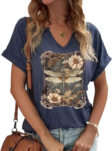 Womens Dragonfly Floral V Neck Shirt Navy