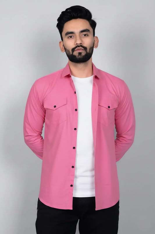 Image of DEELMO Men Solid Slim Fit Casual Overshirt Style Shirt | Full Sleeve Button-Down Layering Shirt Smart Casual Look