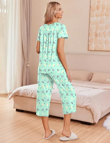 Image of Ekouaer Women's Pajama Sets Short Sleeve Sleepwear Button Up Pj Loungewear Top and Capri Pants with Pockets
