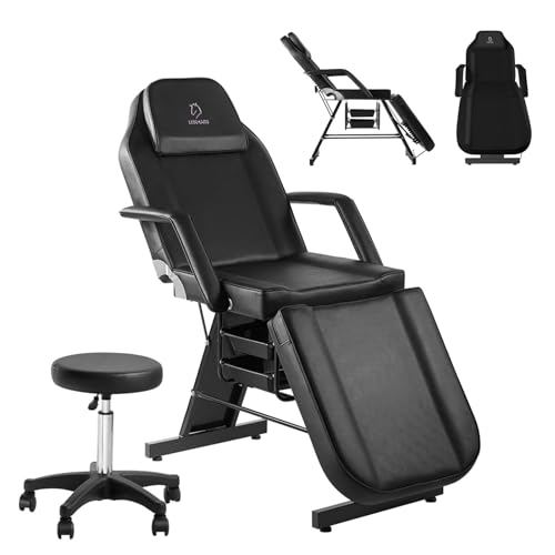 LUXMARS Facial Chair,73″ Tattoo Chair for Client,3-Section Adjustable Massage Table with Stool,Multipurpose Beauty Beds Salon Equipment for Esthetician,Tattooshop,Spa (Black)