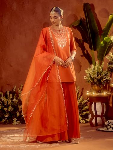 Image of FIORRA Women's Orange Viscose Chanderi Embroidered Ethnic Straight Kurta Set with Dupatta