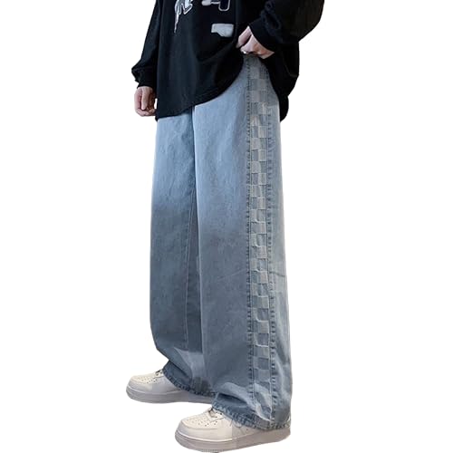 Maiyifu-GJ Men's Checkered Patchwork Jeans Wide Leg Retro Denim Pants Baggy Hip Hop Streetwear Jean Trousers (Blue,Large)