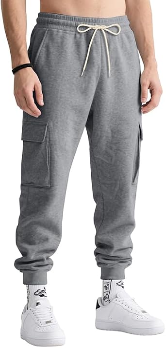 Fleece Cargo Joggers for Men Loose Heavyweight Cotton Relaxed Mens Jogger Sweatpants with Side and Back Pockets
