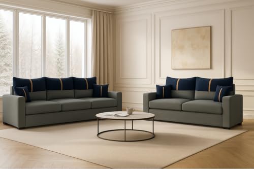Image of Premium Luster 5 Seater Fabric 3+2 Sofa Set for Living Room | with Velvet Fabric | 3 Year Warranty in Dark Blue & Light Grey Color