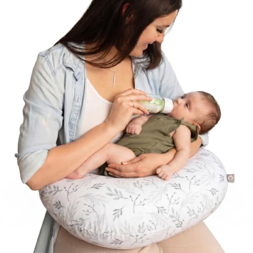 Boppy Nursing Pillow - Verified Safe Breastfeeding Pillow with Softer Fill for Comfortable Support, Machine Wash & Dry Cover, Non-Toxic Materials - Gray Gentle Leaves