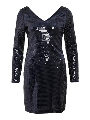 Vila Mini Kleid mit V-Ausschnitt Langarm Pailletten Gefüttert Glamour Dress Abend Party Glitzer VISADIE, Farben:Blau, Größe:34