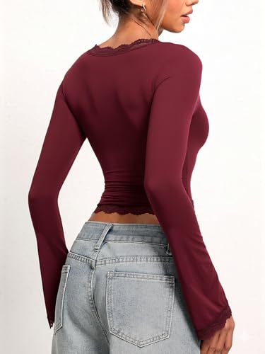 Image of OZICERD Women Bell Long Sleeve Shirts Cute Going Out Top Lace Trim Square Neck Double Lined Fitted Basic Tops Y2k Tight Slim