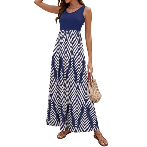 Image of Sherosa Women Boho Chevron Striped Floral Printed Summer Sleeveless Tank Long Maxi Party Dress