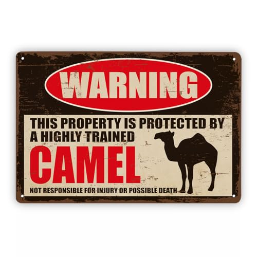 Novelty Tin Plaque Camel Warning Wall Decor, Retro Metal Sign Vintage Desert Animal Theme, Rustic Patio Backyard Fence Accent, Indoor Outdoor Gift Men Dad, 7.9 x 11.8 Inches