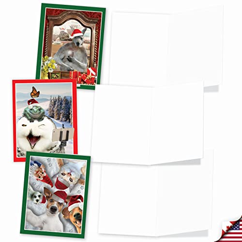 Image of The Best Card Company - 10 Blank Animal Christmas Note Cards - Assorted Bulk Holiday Cards for Men and Women, Fun Wildlife (4 x 5.12 Inch) - Holiday Animal Selfie M2373XSB