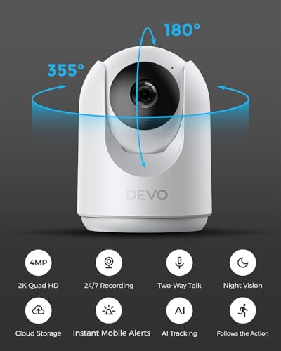 Image of Devo Indoor Security Camera for Home, 2K 360 Pan-Tilt Pet Dog Baby Monitor Camera with Phone App, WiFi Smart Camera Motion Detection, Color Night Vision, 2-Way Audio, 256GB SD White