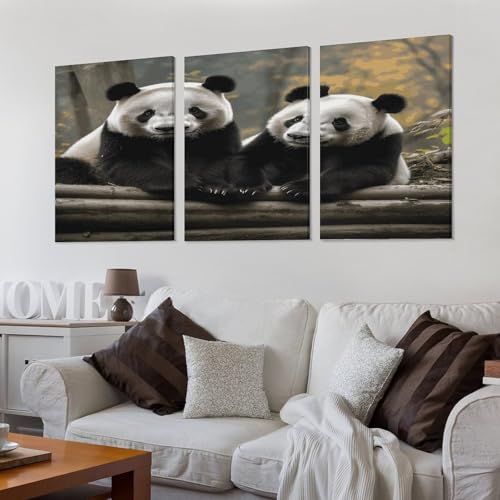 Toile murale grand panda | Tableau triptyque vertical pour séjour