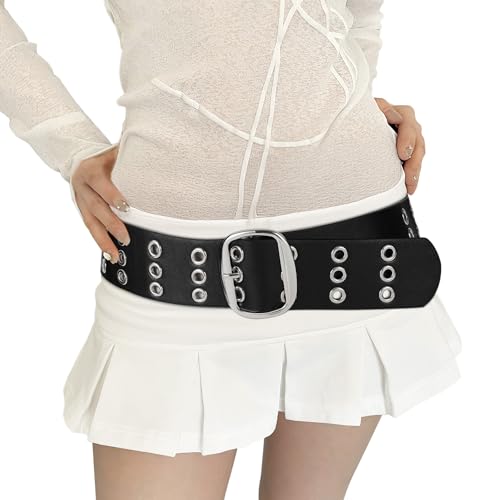 JASGOOD Three Grommet Belt for Women Wide Waist Belt PU Leather Punk Studded Belt for Jeans Pants