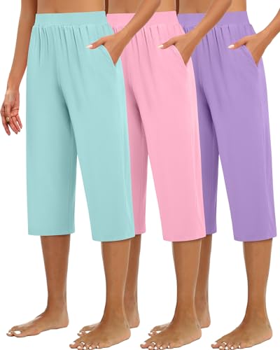 Image of Geyoga 3 Pack Women's Capri Sweatpants Wide Legs Cropped Capri with Pockets Cozy Lounge Jogger Pants Workout Solid Yoga(X-Large,Purple, Pink, Light Blue)