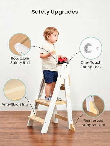 Image of Grownsy Foldable Step Stool Toddler Tower, Toddler Kitchen Stool Helper, Collapsible Kids Standing Tower with 3 Adjustable Heights for Kitchen Bathroom Sink Counter (White)