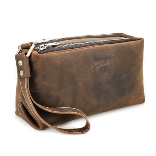 Contacts Full Grain Leather Double Zipper Clutch Bag for Men Travel Clutch Wallet Large Wristlet Purse with 6 Card Slots, Fit 8.3