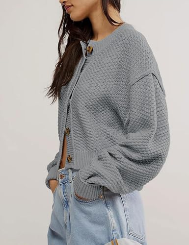 Image of Women's Oversized Cropped Cardigan Sweater Open Front Long Sleeve Button Down Knit Outwear