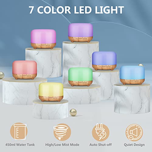 Hianjoo Essential Oil Diffuser 450ml, Electric Aroma Ultrasonic Aromatherapy Fragrant Oil Vaporizer Humidifier, Purifies The Air, Timer and Auto-Off Safety Switch, 7 LED Light Colors (Light Brown) - Image 3