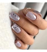 Flower Press On Nails Medium Square, 24pcs Glossy Flower Press On Nails with Glitter and Sequins ...