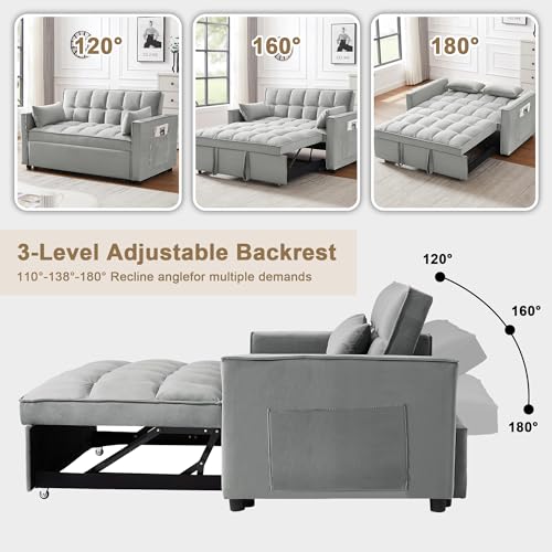 SumKea 55\'\' 3-in-1 Sleeper Loveseat 2-Seater Pull Out Couch, Velvet Futon Adjustable Backrest, Reclining Sofa Bed with Pillows, Pockets, Perfect for Small Spaces, Living Room Furniture, Grey