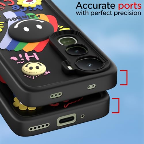 Image of Pikkme Back Cover for Vivo Y400 5G | Soft Silicone| Cute Rainbow Smile & 3D Cartoon Flower Design | Shockproof Raised Camera Protection Bumper Case (Black)