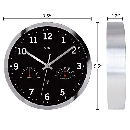 Atomic Wall Clock With Hygrometer And Thermometer Radio Wave Analog Clocks Battery Operated Round Easy To Read For Living Room Bathroom Kitchen Lanai Home Office School Travel Trailer 10'' Silver #TOP6
