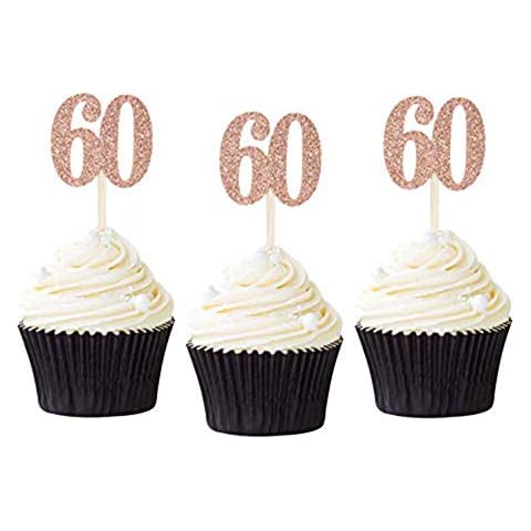 24PCS Rose Gold Glitter Number 60 Cupcake Toppers 60th Birthday Cupcake Picks Party Decorations (Upgraded version) Cover