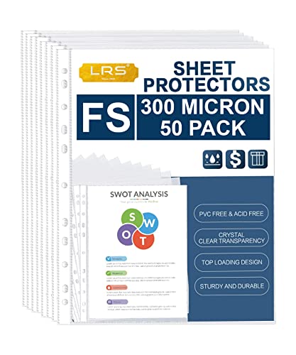 LRS Sheet Protectors - FS/Legal Size - 300 Micron Thick - 11 Holes to fit in Any File - Pack of 50