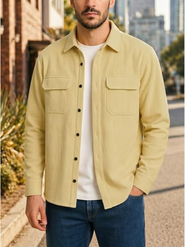 Image of DEELMO Men's Cotton Polyester Corduroy Shirt with Textured Pattern Spread Collar Full Sleeves Dual Pocket Front and Button Down Closure | Textured Shirts for Men | Shirts for Men Stylish