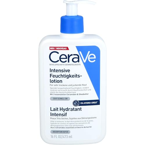 CeraVe Intensive Feuchtigkeitslotion für sehr trockene und gereizte Haut, stellt die Schutzbarriere wieder her, angereichert mit ätherischen Ceramiden und Sheabutter, 473 ml