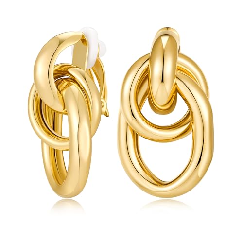Gold Geometric Clip On Earrings for Women 18K Chunky Gold Knot Link Clip Earrings Trendy Jewelry