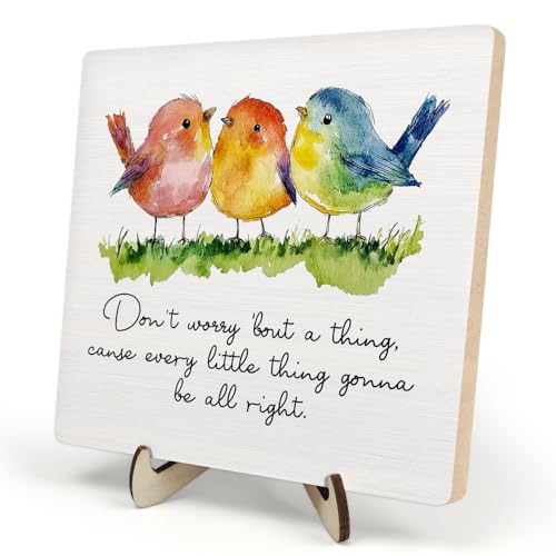 Inspirational Wooden Sign – Every Little Thing Is Gonna Be All Right-Quote Plaque with Watercolor Birds, Uplifting Desk Decor for Home or Office, Gift for Women, Teachers, Friends, Graduation(Colour, 5.9 x 5.9 inches)