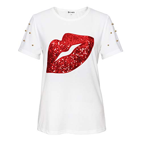 PESION Womens Short Sleeve T-Shirt Sequined Tops O-Neck Funny Graphic Tees Blouse Small White+ Red Lips