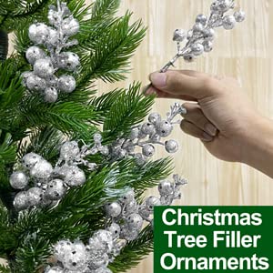 Turnmeon 36 Pack Christmas Berry Twig Stems Decor, 8.3" Artificial Berry Picks Branches For Christmas Tree Ornaments Fillers Vase Craft Holiday Christmas Decoration Indoor Outdoor Home(Glitter Silver) #TOP2