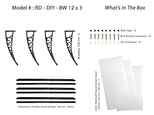 Image of CHENNAI Window Blinds and Shades DIY Polycarbonate Awning (Engineered Plastic Brackets) Window Sunshade Door Weather Shed Rain Canopy Awnings - 12'Widthx3'Depth (Black Brackets & White Sheets)