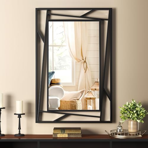 NXHOME Black Bathroom Mirror 36''X24'' Rectangle Decorative Wall Mirrors with Geometric Metal Frame for Bathroom, Living Room, Bedroom, Entrance, Horizontal/Verticall, Easy to Install