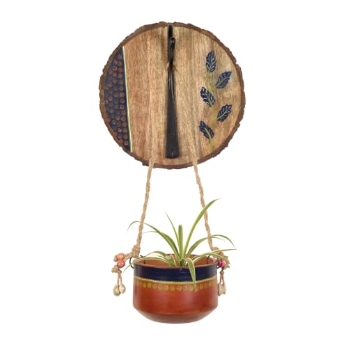 Image of AAKRITI ART CREATIONS Wall Hanging Planter with Hook | Blue & Brown Earthen Planter on Round Wooden, Modern Art, Matte Finish | Metal, Terracotta & Wood | Decor Hanging Pot for Indoor & Outdoor