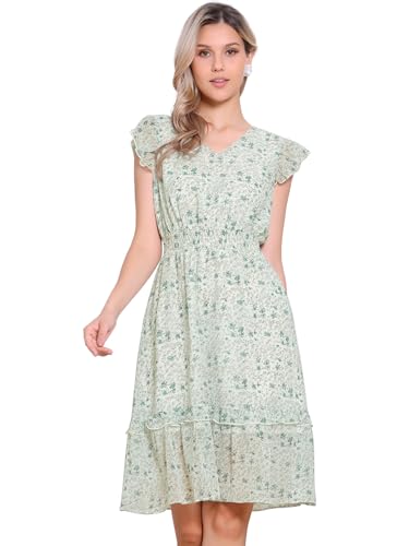 Image of Allegra K Women's Floral Dress Spring Summer V Neck Flutter Sleeve Ruffle Casual Smocked Knee Length Dresses