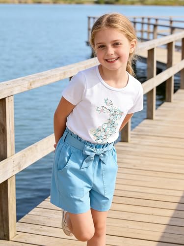 Image of KIDLAGA Toddler Kid Girl Outfits Clothes Floral Short Sleeve T-Shirt Top + Waist Pocketed Summer Short Sets 4-7T Girl Clothes