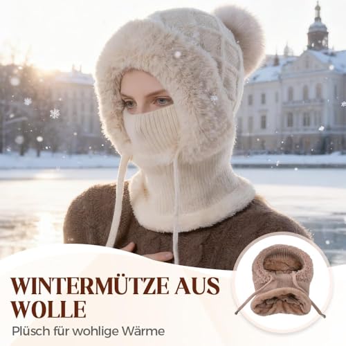 Enitmor Wintermütze Damen, 3 in 1 Strickmütze mit Fleece, Balaclava & Halswärmer Set, Warme Multifunktionale Beanie Mütze mit Gesichtsschutz für Outdoor, Skifahren & Alltag (Beige)